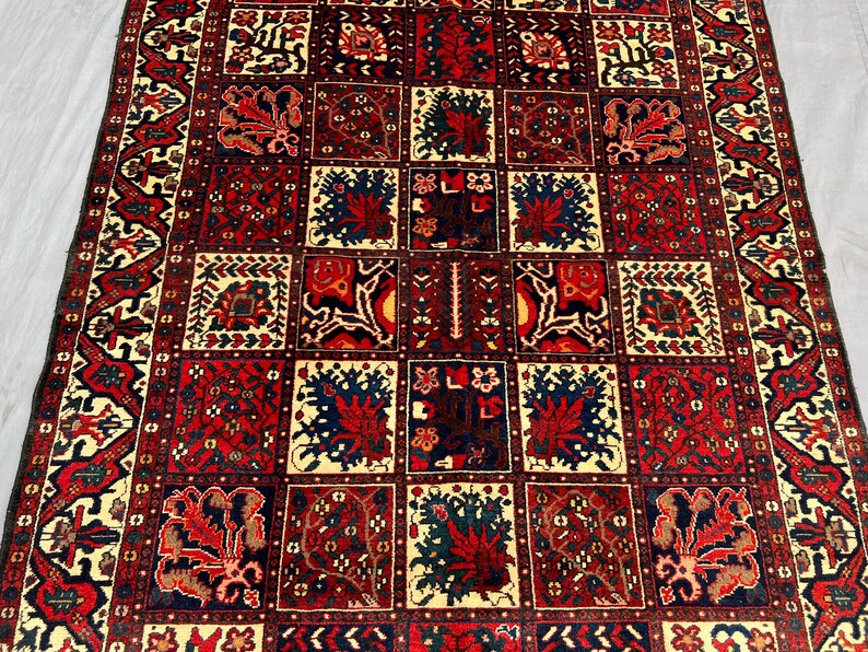 Rare Vintage Afghan Garden Panel Rug 4x9 ft – Colorful Patchwork Floral Carpet – Bakhtiari Style Handmade Wool Area Rug - Living Room Rug image 3