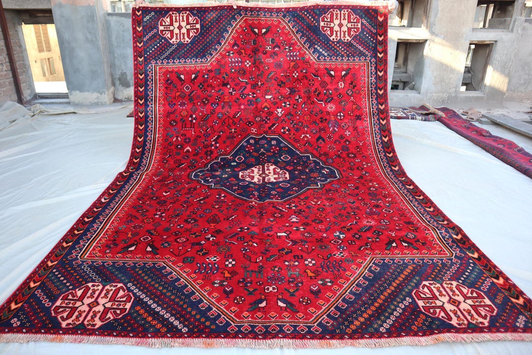 Vintage Shiraz Rug 7x9: Handmade Wool Tribal Carpet, Red & Navy ...