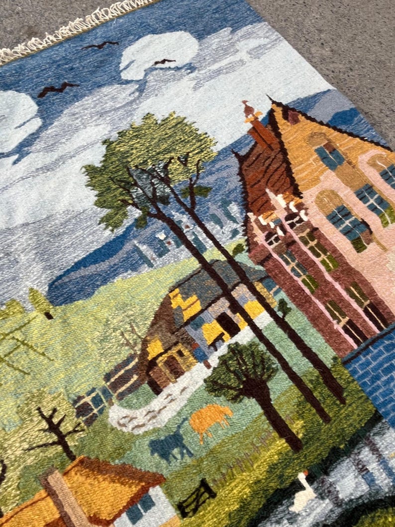 3'10x2'7 Ft Vintage European Village Scene Kilim Rug | Traditional Hand ...