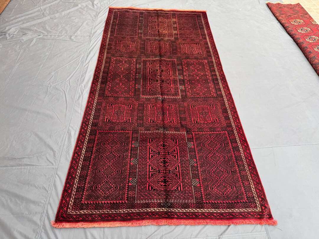 Hatchlu Rug Dark Red Baluchi Wool Rug – Tribal Geometric Panel Design – 4x9 Ft ...