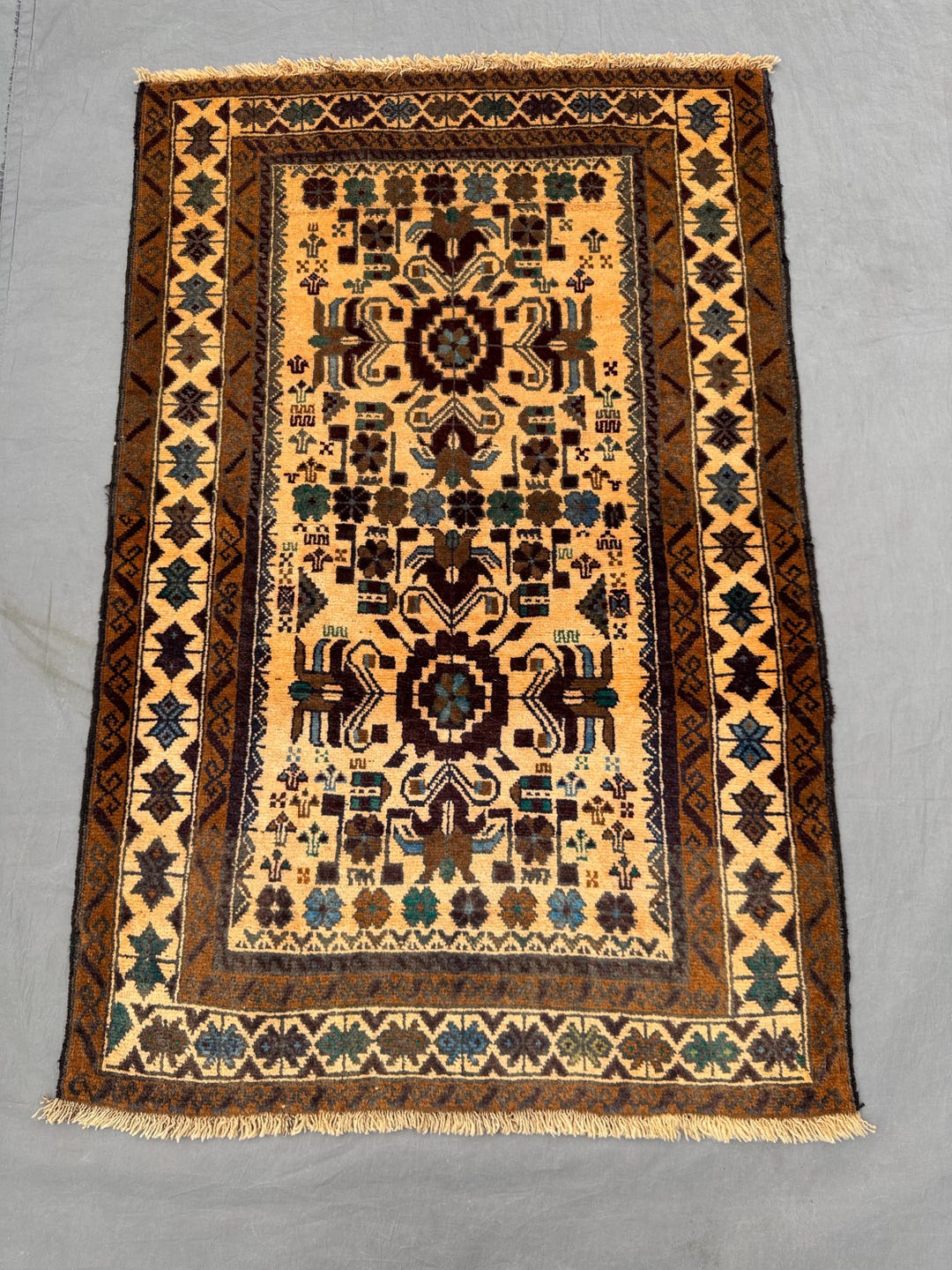 Vintage Baluchi Tribal Wool Rug – 3x4 Ft Geometric Medallion Design ...