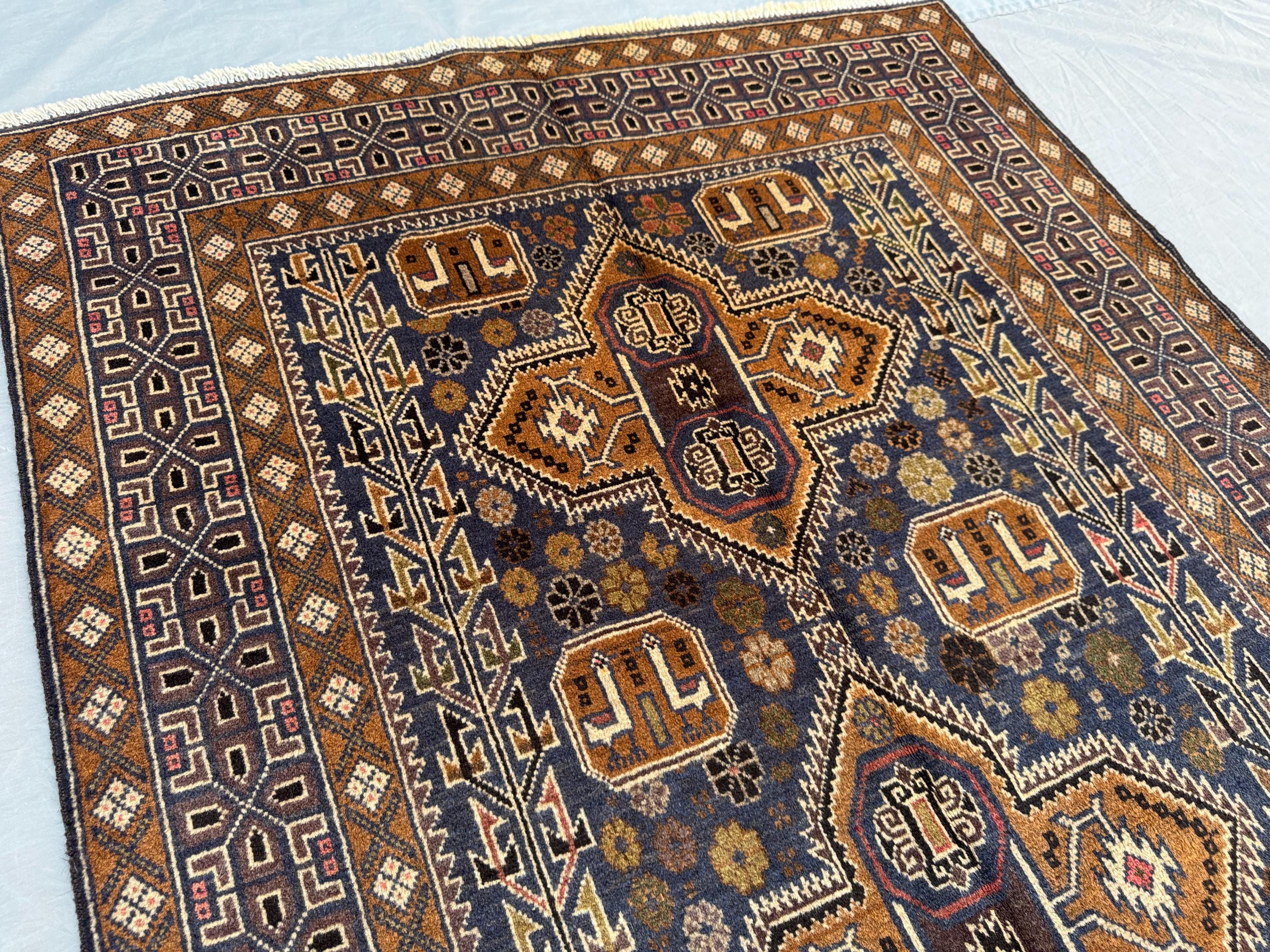 4x7 Ft Vintage Navy Blue Baluchi Area Rug - Hand-knotted Wool Soft
