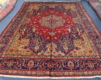 10x13 ft Large Vintage Afghan Floral Medallion Rug, Hand-Knotted Wool Area Rug, Traditional Oriental Carpet, Red Blue Living Room Rug