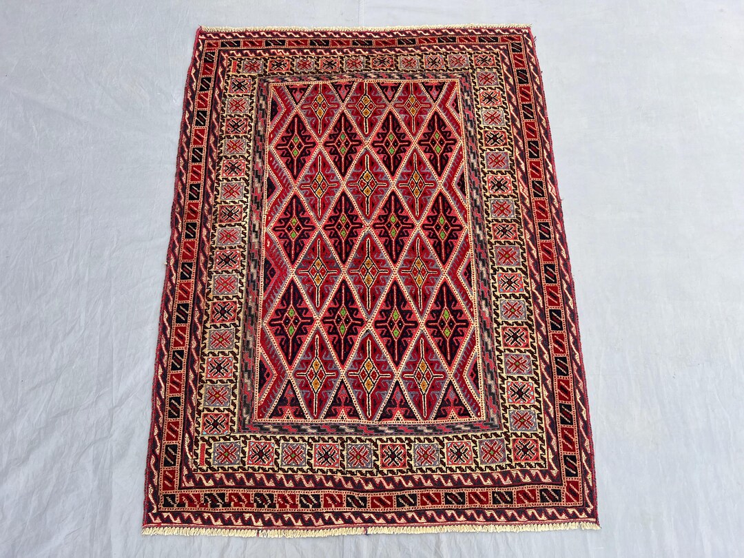 4x5 Ft Vintage Tribal Mushwani Wool Rug – Bold Diamond Lattice Field ...