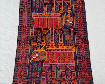 3x5 Pictorial Afghan Baluch Rug – Handmade Wool Animal Hunting Scene Carpet, Vintage Lion Design Tribal Area Rug for Home Décor Or Any Room
