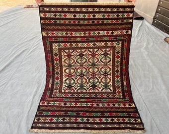 3 x 4 ft Afghaans vintage soumak-kelimtapijt, Turks handgeweven plat geweven wol gestreept tapijt, tribal antiek soumak-tapijt, oosters tapijt, keukentapijten