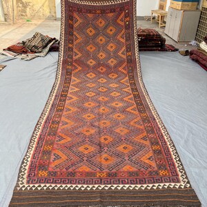 Boho-Chic Afghan Wool Kilim Runner – 4x13 Ft Terracotta & Burnt Orange Diamond Pattern – Tribal Geometric Design – Handwoven Nomadic Carpet.