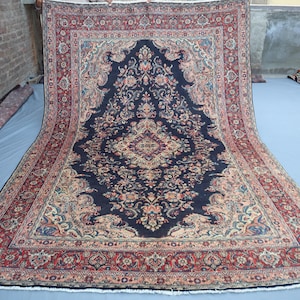 7x10 Gorgeous Persian Style Antique Rug, Tribal Hand Knotted Wool Rug, Dark Blue Beige Rug, High Quality Soft Pile Rug, Floral Bedroom Rug