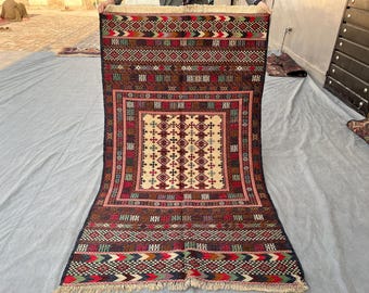 Authentic Tribal Soumak Kilim Rug 3x6 ft – Handwoven Flatweave Carpet - Geometric Medallion Design and Rich Earthy Colors - Living Room Rug