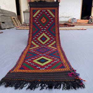 2 x 6 pi Tribal Kilim Runner Rug - vintage Suzani Style Diamond Pattern Rug - Tapis de couloir en laine à tissage plat - Décoration bohème colorée