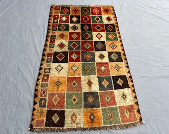 4x6 Ft Vintage Afghan Gabbeh Rug – Colorful Geometric Diamond Design – Tribal Nomadic Wool Carpet – Unique Boho Home Decor.