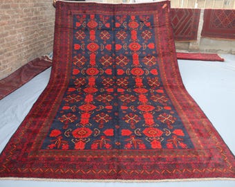 7'1"x11'3" Vintage Afghan Ersari Rug – Handmade Wool Tribal Carpet – Red Floral Medallion on Navy Field – Traditional Oriental Rug.