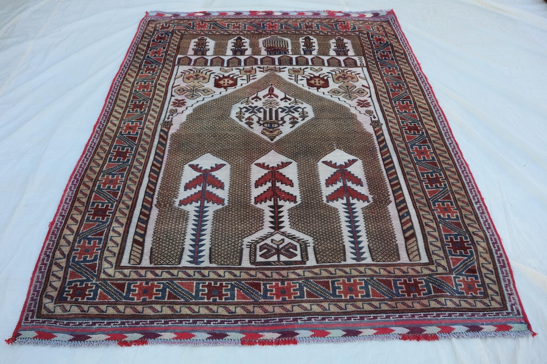 4x5 Vintage Baluchi Prayer Rug, Handmade Afghan Tribal Wool Carpet ...