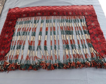 5x6 ft One Of A Kind Afghan Jalar, Handmade Tribal Door Hanging, Red Wool Tassel Wall Decor, Boho Nomadic Textile Art