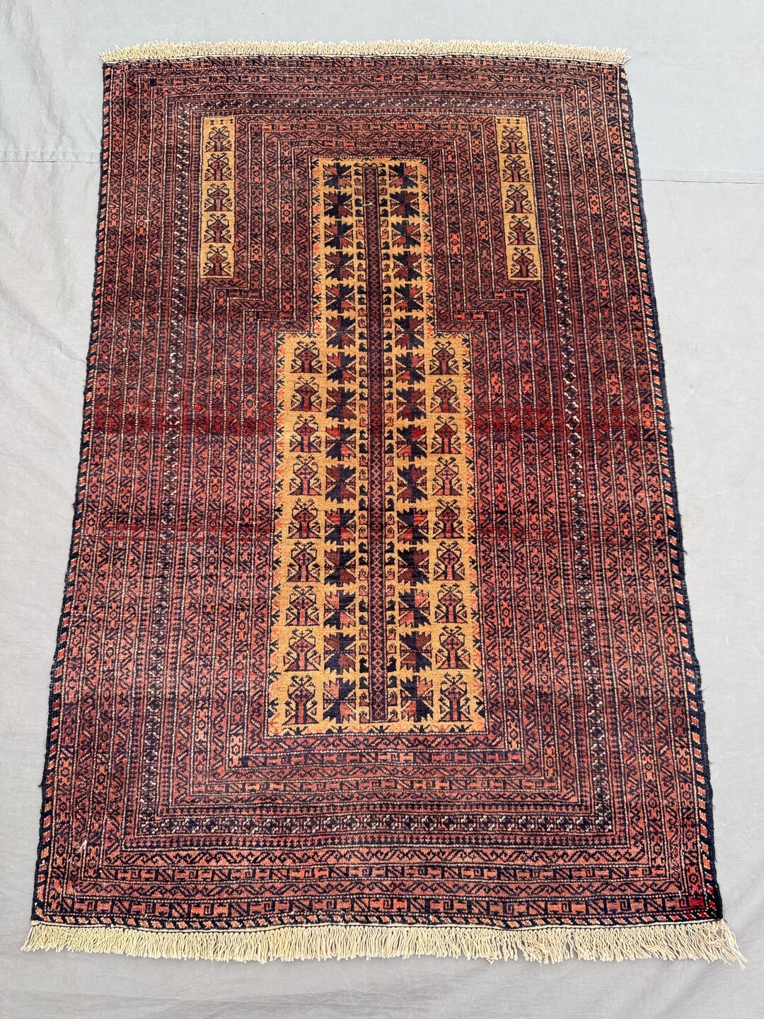 3x4 Ft Vintage Baluchi Prayer Rug, Bold Tribal Mihrab Design in Deep ...