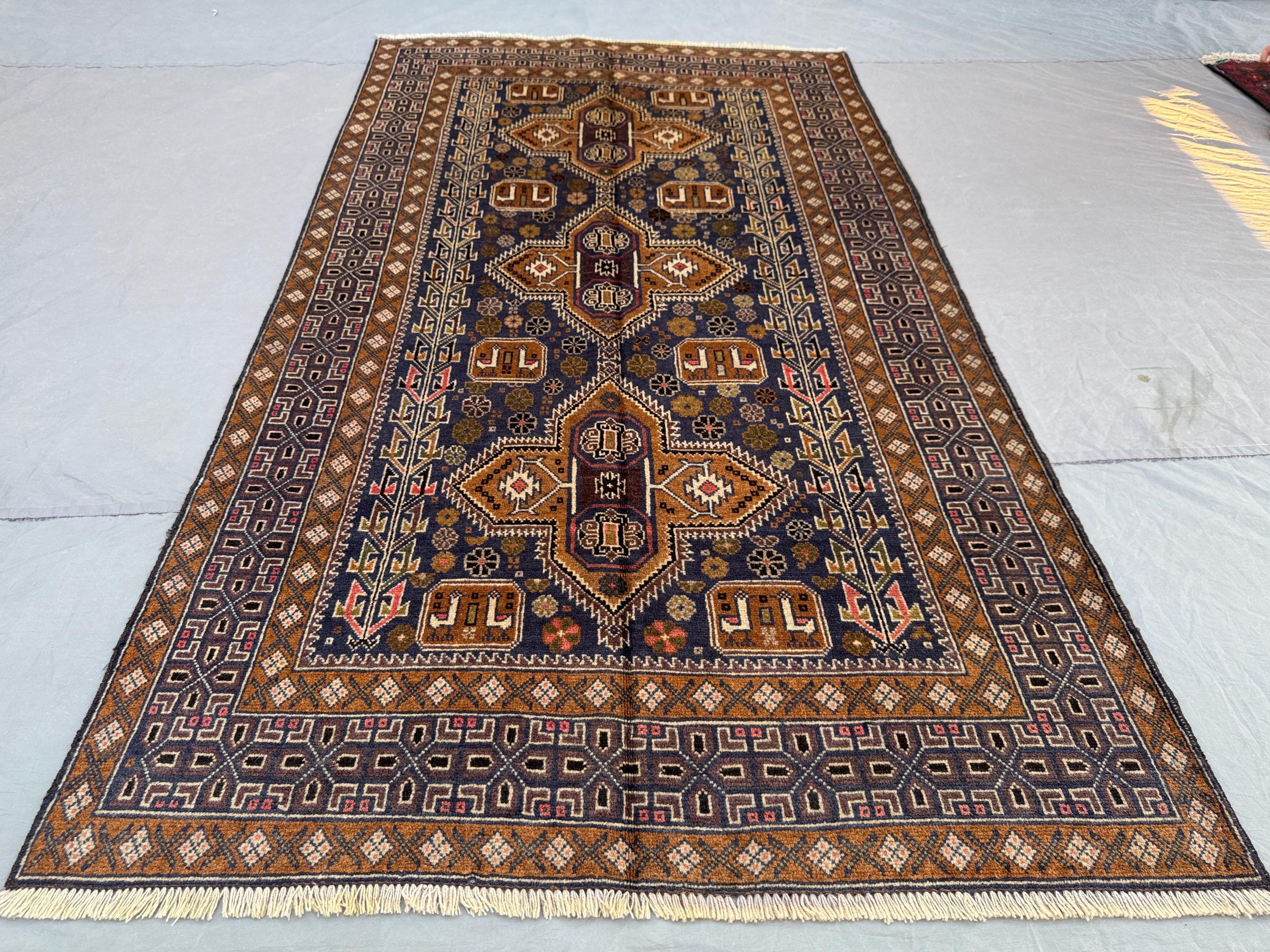 4x7 Ft Vintage Navy Blue Baluchi Area Rug - Hand-knotted Wool Soft