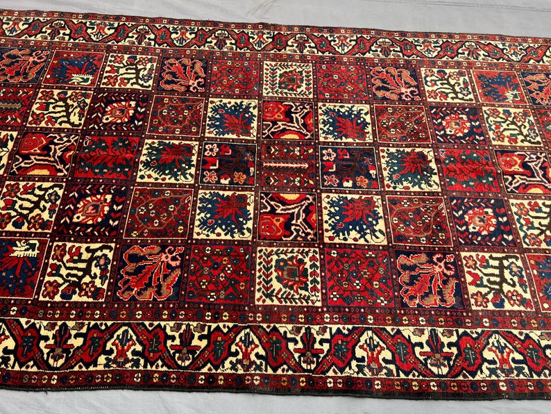 Rare Vintage Afghan Garden Panel Rug 4x9 ft – Colorful Patchwork Floral Carpet – Bakhtiari Style Handmade Wool Area Rug - Living Room Rug image 11