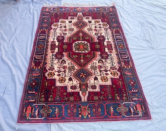 4x7 ft Vintage Turkish Style Wool Rug, Red Ivory Floral Medallion Carpet, Hand Knotted Geometric Area Rug, Living Room Rug, Bedroom Rug