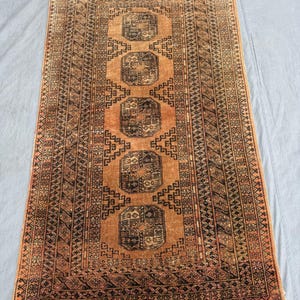 3x6 ft Rare Afghan Runner Rug – Vintage Terracotta Tribal Carpet – Handmade Bukhara Geometric Wool Rug – Narrow Hallway Boho Decor Piece
