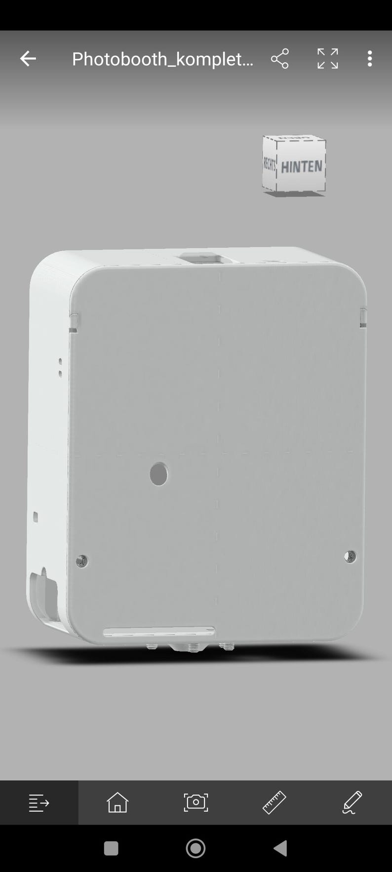 May include: A light gray, rectangular, box-shaped object with rounded corners. The object has a small hole and several screw holes. A small, white cube with the word "HINTEN" is in the upper right corner.