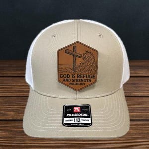Christian Men’s Hat – Custom Leather Patch Hat – Psalm 46.1 - Richardson 112 – Faith Apparel - Scripture - Bible Verse - Men&#39;s Gift - Cross