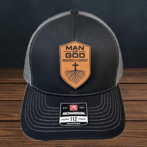 Christian Men’s Hat – Custom Leather Patch Hat – Man of God - Rooted - Richardson 112 – Faith Apparel - Scripture - Bible Verse - Men&#39;s Gift