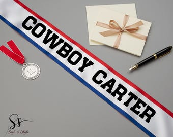 Custom Cowboy Carter Sash – Rodeo Award Sash – Red White Blue Satin – Rodeo Champion Sash –Western Party Sashes – Personalized Western Sash