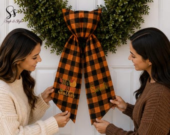 Personalized Buffalo Checked Plaid Flannel Wreath Sash, Thanksgiving Pumpkin Sash, Fall Home Decor, Front Door Decor Bow, Housewarming Gift