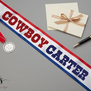 Personalized Western Sash - Custom Cowboy Carter Sash – Rodeo Award Sash – Red White Blue Satin – Rodeo Champion Sash –Western Party Sashes