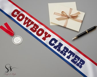 Personalized Western Sash - Custom Cowboy Carter Sash – Rodeo Award Sash – Red White Blue Satin – Rodeo Champion Sash –Western Party Sashes