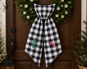 Plaid Flannel Custom Embroidery Wreath Sash, Buffalo Checked Christmas Home Decor, Christmas Eve Front Door Bow, X-Mas Housewarming Gift