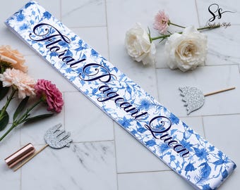 Personalized Floral Theme Sash, Floral Pageant Queen Sash, Custom Text Sash, Floral Theme Outdoor Party Sash, Personalized Gift, Gift Sash