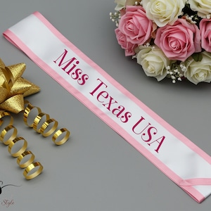 Miss Texas USA Sash – Custom Satin Pageant Sash – Personalized Beauty Queen & Event Sash – Pageant, Parade and Event Sash - Homecoming Sash
