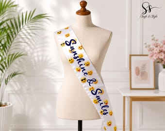 Sunshine Smiley Sash, Personalized Emoji Theme Sash, Your Text Satin Ribbon Sash, Party Sash, Fun Party Gift, Personalized Gift For Her