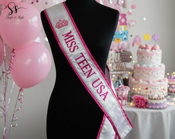 Custom Embroidery Miss Teen Lace Sash, Embroidery Pageant Lace Sash, Personalized Sash, Wedding Sash, Your Text Sash, Bridesmaid Sash