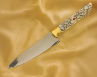 high carbon Steel Chef Knife 7 Inch | Tough Handmade Kitchen Knife | Balanced Cutting Blade | White Stone Handle | Leather Sheath