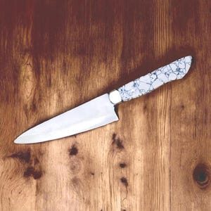 Handcrafted Chef Knife with White Stone Handle, full tanf fixed blade | include Leather Sheath