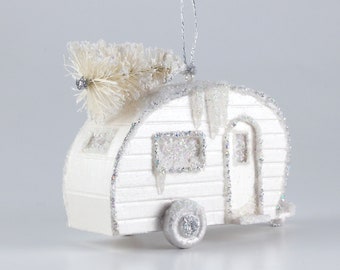 Teardrop Camper RV Putz Glitter House Christmas Ornament