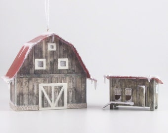 Old Barn and Chicken Coop Paper Glitter House Ornaments