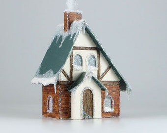 Tudor Revival Christmas village putz glitter house