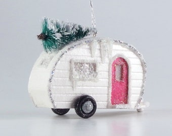 Camper RV Papier Glitter Haus Ornament in Tropfenform