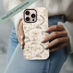 Fern and Floral Embroidery Pattern Phone Case | Magnetic Impact Resistant Tough Case