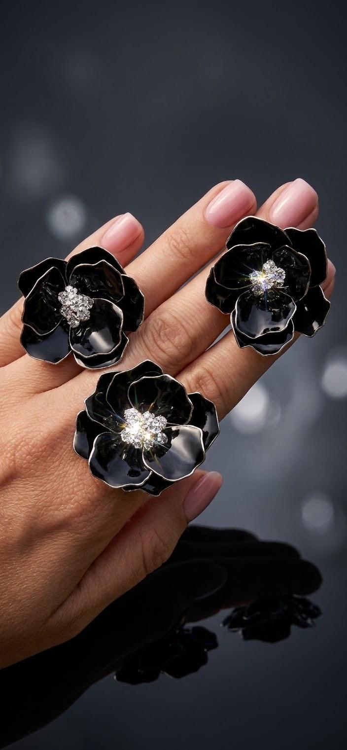 Handmade Black Camellia Resin Earrings - Elegant Floral Dangle Drop…
