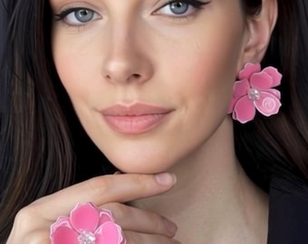 Pink Cherry Blossom Resin Flower Earrings and ring  – Handmade Statement Jewelry, Glossy Pink Floral Studs with Crystal Center