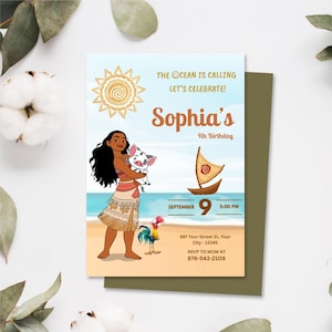 Baby Moana Birthday Invitation: Hei Hei, Ocean Theme (Canva Editable, Digital Download)