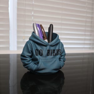May include: A teal-colored pen holder shaped like a hoodie, with the words "GO BIRDS" across the front. The pen holder contains several pens in silver, purple, brown, and black. The pen holder is sitting on a reflective surface.