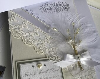 Luxury handmade  personalised Vintage/ Lace Bride And Groom  WEDDING DAY CARD