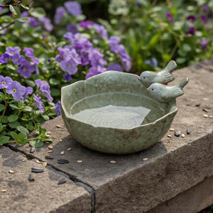 May include: A green ceramic bird bath with two small bird figurines on the rim. The bath is filled with water and sits on a stone ledge, surrounded by purple flowers and greenery.