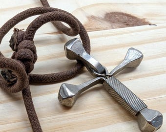 Brutalist Folk Art - Vintage Articulated Horseshoe Nail Cross Pendant - 1970s Artisan Jewelry