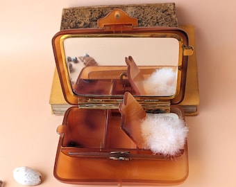 Portacipria vintage - Organizer per il trucco di metà secolo - Ambra e madreperla - Pochette da viaggio